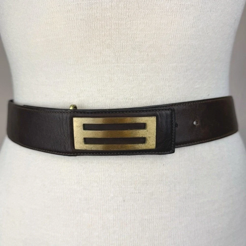 Vintage CHRISTIAN DIOR Brown Leather Belt Mens (30) Brass Buckle‎ Italy Classic